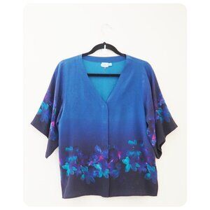 !! Ecru Blue Purple Floral Short Sleeve Button Up 100% Silk Blouse sz S